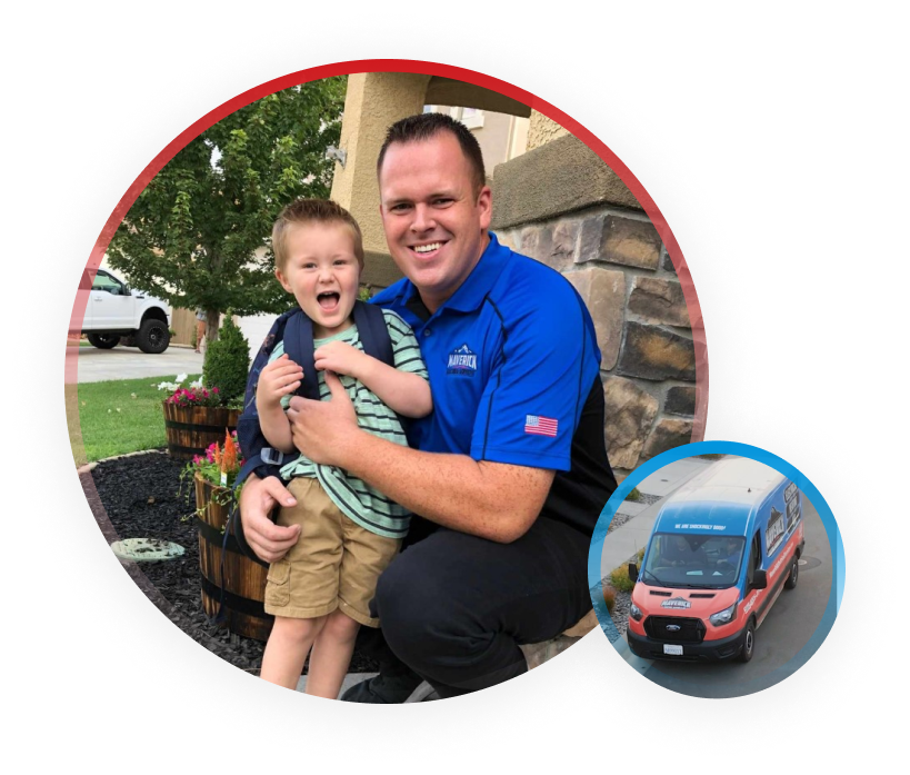Maverick home services team member with child in front of home representing family owned company values