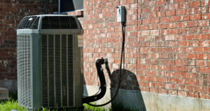 outdoor air conditioning condenser unit installed beside residential home