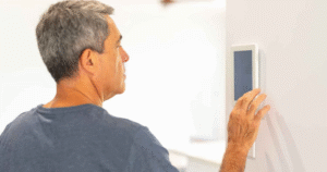 homeowner adjusting wall thermostat to control home cooling and energy use