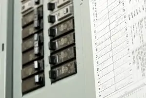Close-up of a tripped circuit breaker in an electrical panel. If you're facing issues, find expert assistance with an electrician near me.