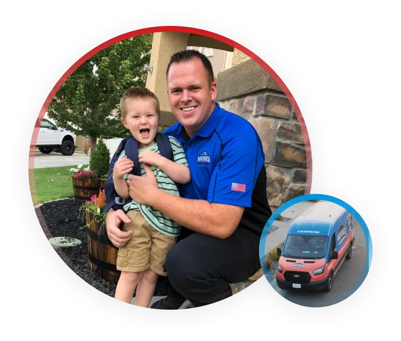 Maverick home services team member with child in front of home representing family owned company values